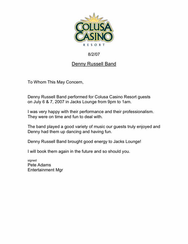 Reommendation from Colusa Casino